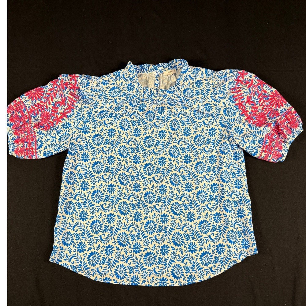 Voy Womens Blue White Floral Embroidered Puff Sleeve Blouse Small 32625